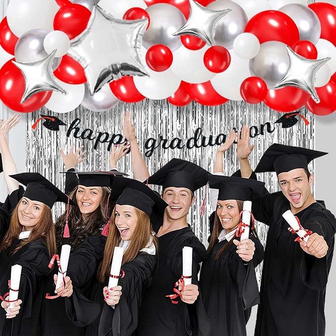 Red White Silver Balloon Garland Arch Kit, Red and White Metallic Silver Balloons Tinsel Foil Fringe Curtain for Wedding Birthday Engagement Graduation Valentines Party Decorations