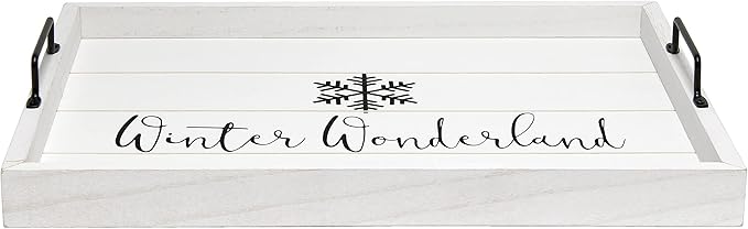 Elegant Designs HG2000-WWW Christmas Decoration Decorative Wood Serving Tray w/Handles, 15.50'' x 12'', Winter Wonderland, White
