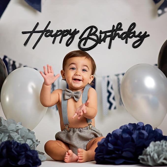 Black Happy Birthday Felt Sign for Backdrop - Glitter Black Happy Birthday Letters Signs Remove for Balloon Arch Party Large Happy Birthday Sings for Baby Girl Women Party Baby Shower Decorations