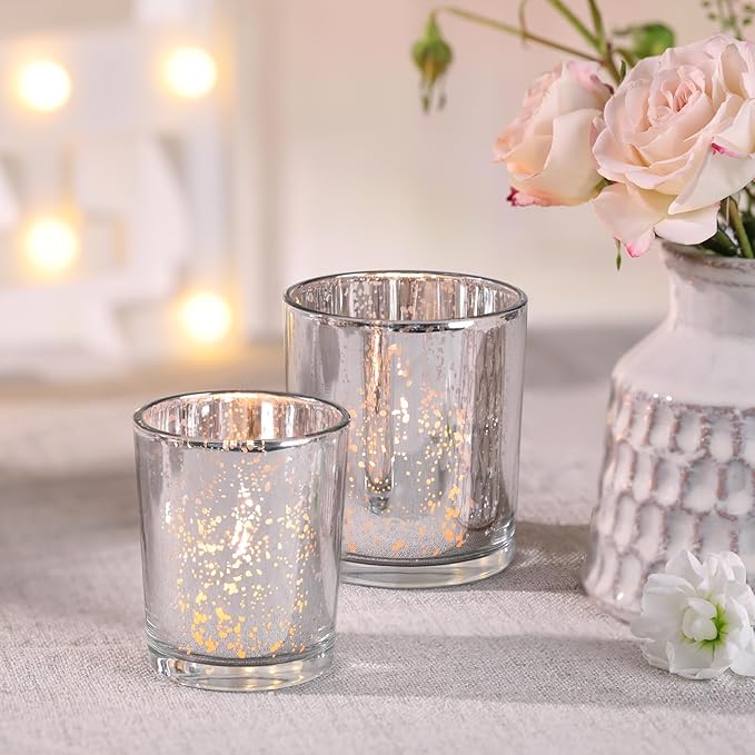 Volens 24pcs Assorted Silver Votive Candle Holders for Wedding Table Centerpieces, Large Mercury Glass Candle Holder for Votive & Tealight Candle, Silver Party Decorations for Bridal and Baby Shower