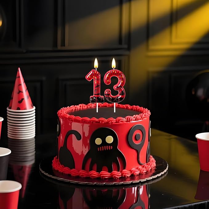 Red Number 13 Birthday Candle for Cake – Dark Horror Style with Alphabet Print & Shadow Design – Unique Cake Topper for Birthday, Anniversary, Themed Party Decoration