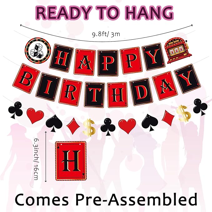 Pre-Strung 11PCS Casino Theme Happy Birthday Banners - Red Black Poker Birthday Party Decorations - Hanging Swirl Decor Supplies - Casino Games