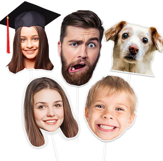 Head Cutouts on a Stick, Custom Fat Face Head on a Stick with Photo Face Fan for Birthday Graduation Wedding Party(5 pcs-Different Photos)