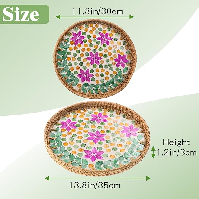 Round Rattan Tray with Mother of Pearl Inlay, Handwoven Wicker Coffee Table Serving Basket Tray for Fruit Snack Party Picnic Cafe Bedroom Kitchen Home Decor Set of 2 (Purple Blossom Dot)