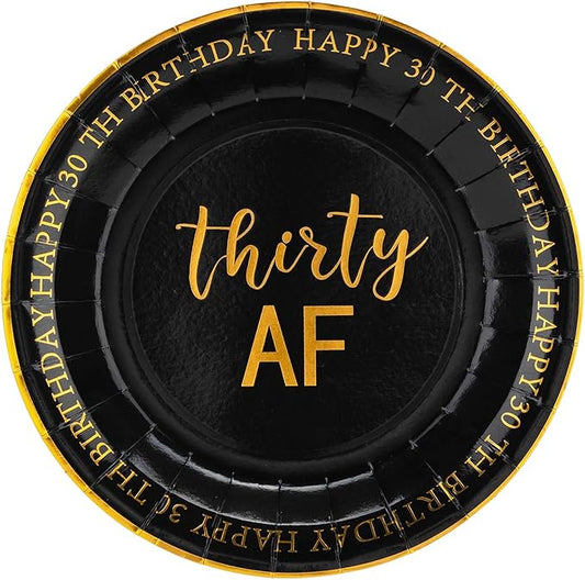 Crisky 30th Birthday Plates - Black and Gold Dessert, Buffet, Cake, Lunch, Dinner Plates for 30th Birthday Decorations, 50 Count, 9" Plate