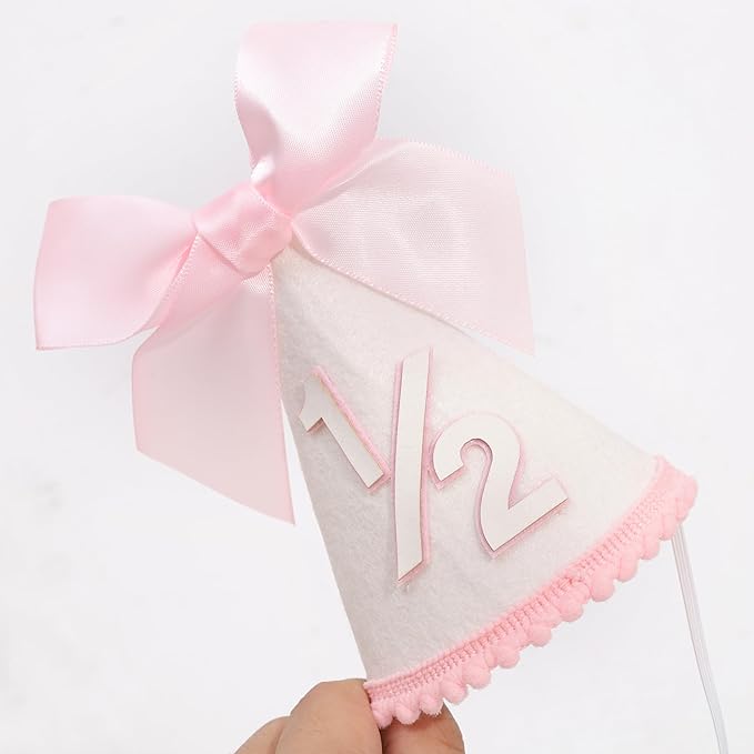 Pink Bow 1/2 Birthday Hat- Pink half Birthday hat, Princess 1st Birthday Supplies,Half Birthday Decorations for Girls