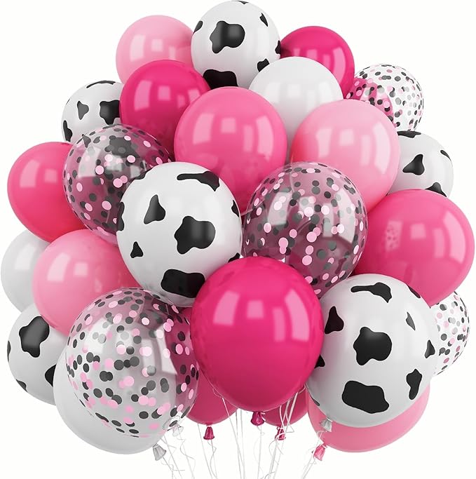 Cowgirl Balloons, 12 Inch Hot Pink Pastel Pink White Cow Print Balloon with Confetti Latex Balloon for Cowgirl Bridal Shower Bachelorette Party Decor Farm Birthday Rodeo Party Decorations Supplies