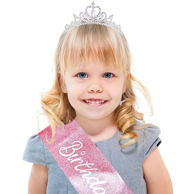COCIDE Princess Sash and Tiara Set for Girls and Women - Happy Birthday Party Accessories Kit with Pink Crown, Crystal Rhinestone Tiara, Glitter Sash Decorations