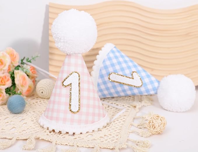 Pink Gingham Style 1st Birthday Hat - 1st Birthday Party Hat for girls, Baby girl 1st Birthday Decoration, Princess First Birthday Crown, Pink and Gold 1st Birthday Decor