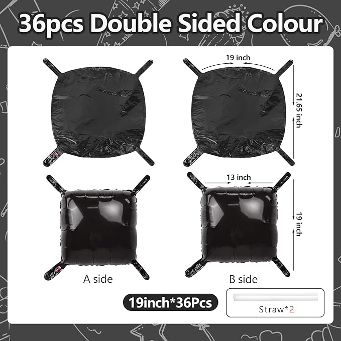 NISOCY 36PCS Black Square Foil Balloons Wall Backdrop Metallic Double Sided Black Balloon Tunnel Arch Kit for New Year Birthday Baby Shower Graduation Party Decorations