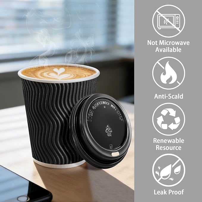 Lamosi 10 oz Disposable Coffee Cups with Lids, 50 Pack Insulated Hot Cups To Go Paper Coffee Cups with Lids and Straws, Corrugated Ripple Wall Cup for Hot Drink, Office, Coffee Bar (Black)
