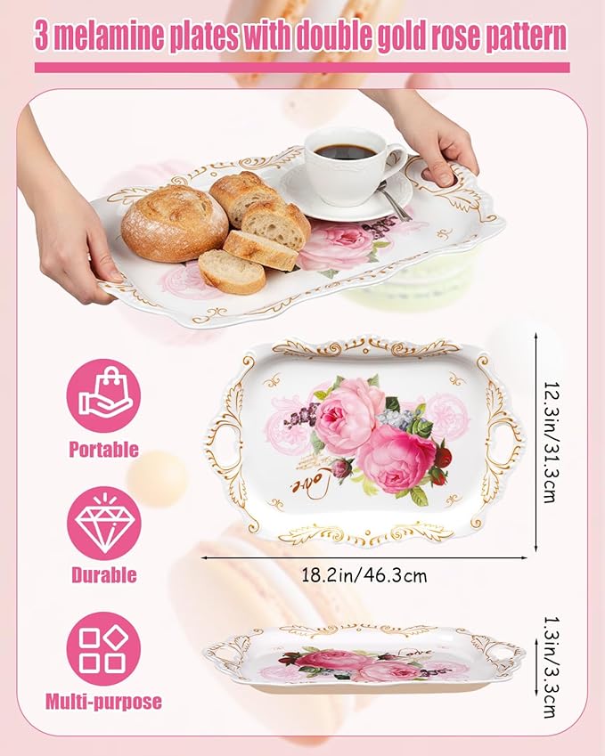 Melamine Serving Trays, 3-Pack Serving Tray Platter Trays for Serving Food, Melamine Tray Serving Platter for Gift, Party, Decor, Home, Restaurant, (18.2 x 12.2 x 1.3 Inches)