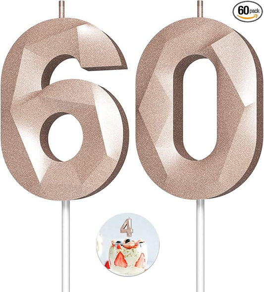 Number Birthday Candles(60 Candle Rose Gold) 3D Diamond Shape Number Happy Birthday Cake Candles for Birthday Party Wedding Decoration Reunions Theme Party