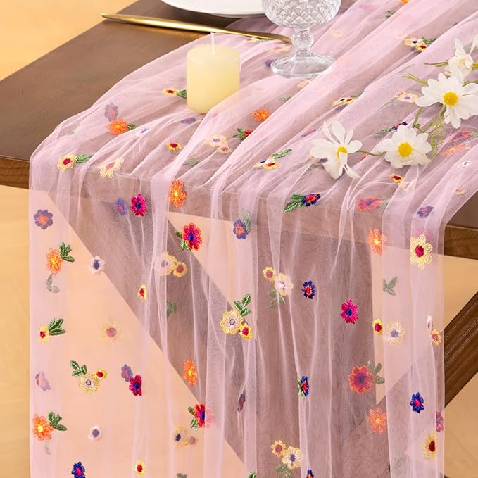 Socomi Flower Table Runner Summer Daisy Floral Tulle Gauze Cheesecloth Embroidery Table Runners for Tea Party Garden Wedding Bridal Baby Shower Birthday Picnic Decor Pink 3pcs