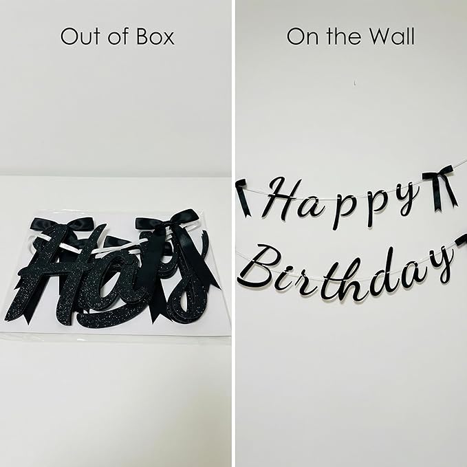Pre-Strung Happy Birthday Banner, Black Glitter Birthday Sign with Satin Bows, Pre-Assembled Minimalist Birthday Party Decorations for Women Men Kids Adults, Indoor Outdoor Birthday Party Supplies