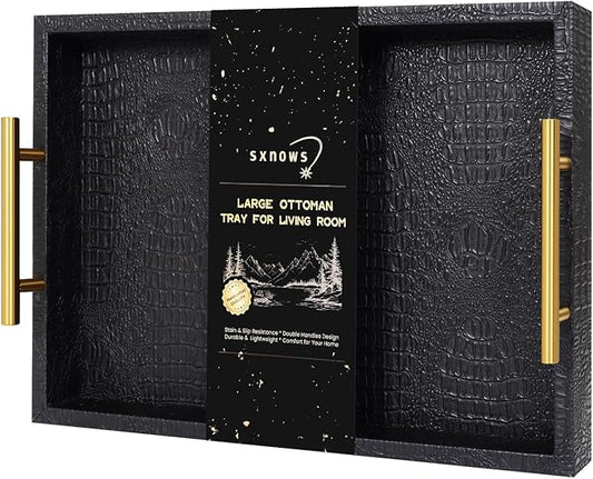 SXNOWS 17"x12" Black Faux Leather Serving Tray with Gold Handles, Rectangle Decorative Tray for Ottoman, Coffee Table, Kitchen, Bar, Gift for Home Decor
