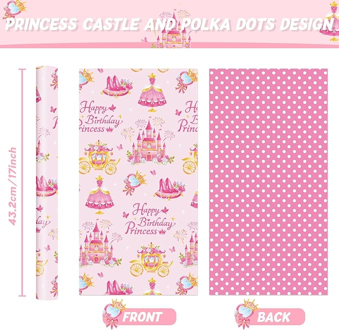 WERNNSAI Princess Castle Wrapping Paper - 1 roll 17”x33ft Happy Birthday Wrapping Paper Roll for Kids Girls Pink Carriage Castle Gift Wrap Roll Princess Theme Party Favor Polka Design