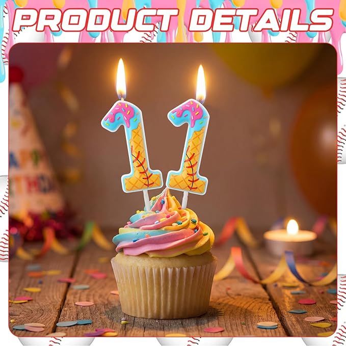 Conelist Baseball Ice Cream Drip Birthday Number Candles Baseball Drip Cake Topper Candle Cupcake Topper Decoration for Sport Theme Happy Birthday Party Favors Anniversary Supplies (2 Pcs,11th)