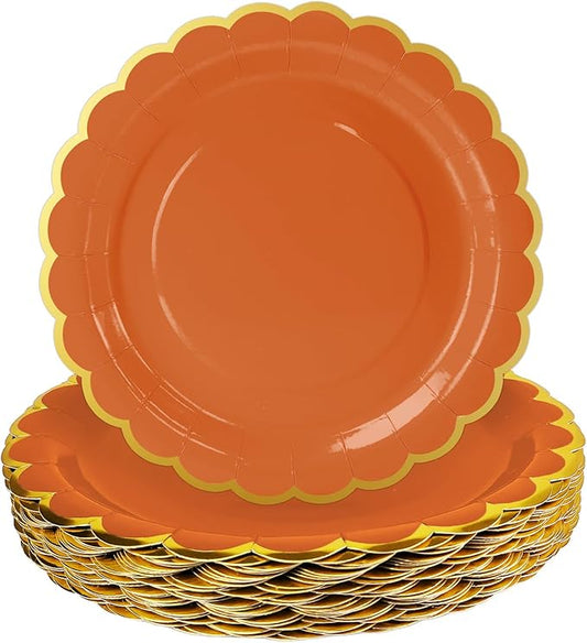 HEIPINIUYE 50 Pieces Orange Paper Plates with Gold Foil 7 Inch Disposable Orange Scalloped Dinner Plates for Wedding Baby Shower Birthday Thanksgiving Party Dessert Plate