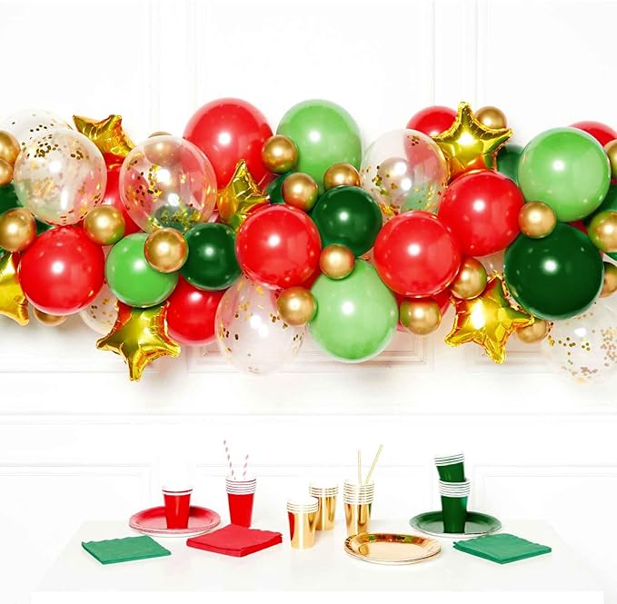Patimate Red Green Christmas Balloons Set, 50 pcs 12 inch Metallic Gold Lime Forest Green Red Gold Confetti Latex Balloons Kit for Christmas Grinch Birthday Baby Shower Party Decorations
