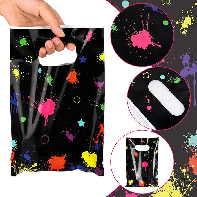 Hxezoc 50 Pieces Neon Candy Bags Glow in The Dark Goodie Bag Plastic Colorful Treat Bags Neon Gift Wrap with Handles Favor Bags For 80's 90's Birthday Party Decoration Supplies