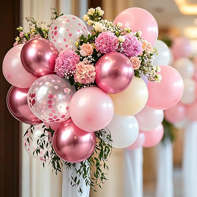 Light Pink and White Balloons Metallic Pink Balloon, 60 Pcs 12 Inch Latex Confetti Metallic Balloons with 1 Ribbon, for Birthday Wedding Bridal Shower Party Decorations