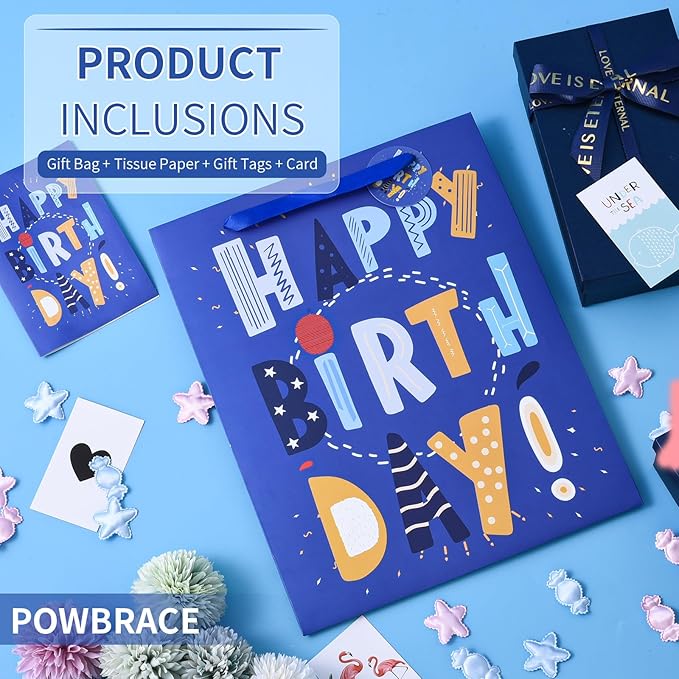 Powbrace 13" Blue Happy Birthday Bag with Tissue Paper and Greeting Card for Party,Happy Birthday Gift Bag for Boys, Girls, Kids, Men Women,Gift Bags Medium size (2 PCS Blue, Gift Bag)