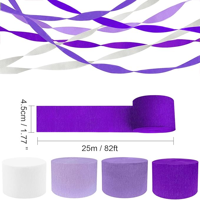 PheiLa 4 Rolls Crepe Paper Streamers Purple and White Paper Party Streamers for DIY Gift Wrapping Wedding Engagement Birthday Lavender Party Home Decoration, 1.77 Inch x 82 Ft/Roll, 328ft