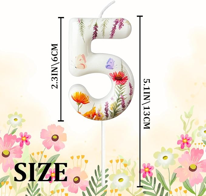 Number 5 Birthday Candle for Cake – Floral Botanical Design with Butterfly Detail – Elegant Cake Topper for Birthday, Garden Party Decoration