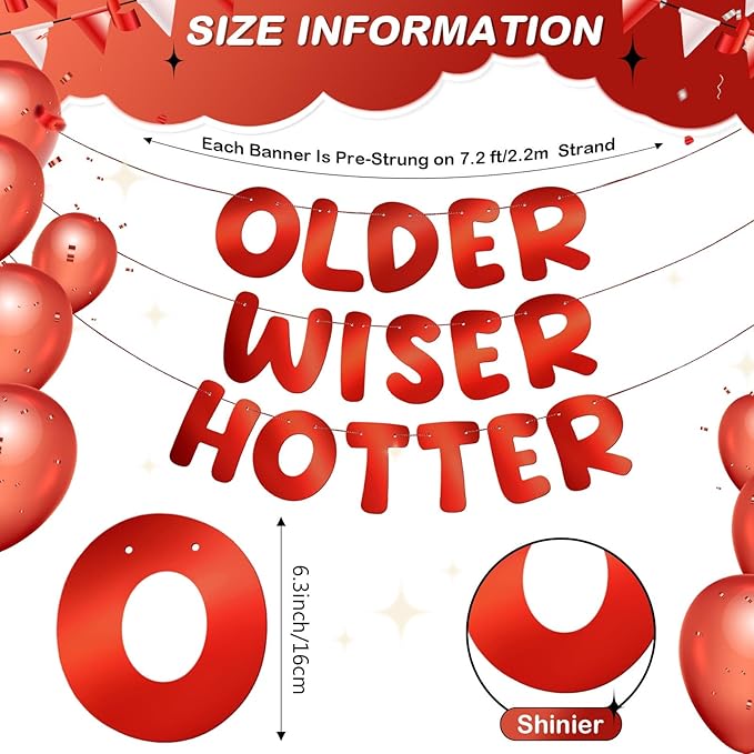 Fulmoon Set of 3 Pre Strung Older Wiser Hotter Glitter Banner Funny Birthday Banner for Women 30th 40th 50th 60th 70th 80th Birthday Party Decorations Sign Gift(Bright Red)