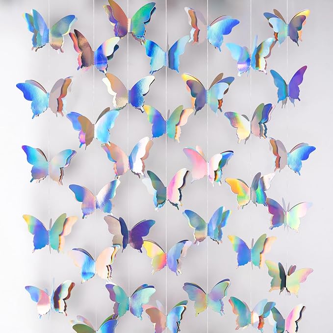 jijAcraft Butterfly Hanging Garlands - Iridescent 3D Paper Butterflies, 3 Packs for Birthday, Baby Shower, Wedding & Party Decorations (30ft)