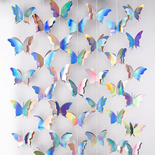jijAcraft Butterfly Hanging Garlands - Iridescent 3D Paper Butterflies, 3 Packs for Birthday, Baby Shower, Wedding & Party Decorations (30ft)