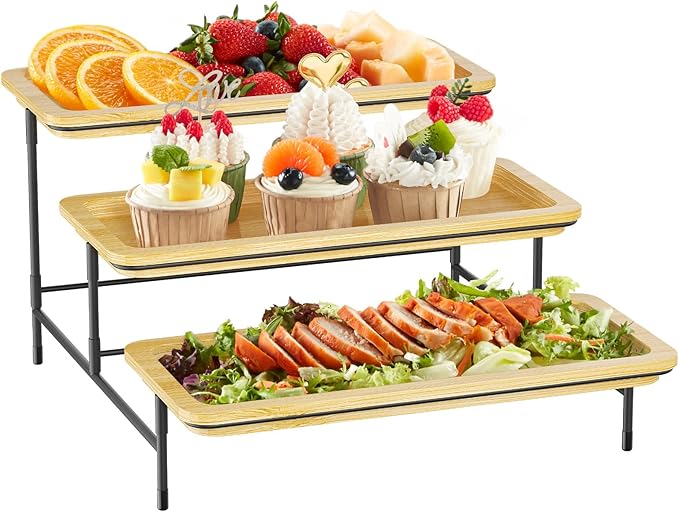 Lifewit 3 Tier Bamboo Serving Tray for Party Supplies, 30 x 17 cm/12" x 6.5" Platters for Serving Food, Reusable Trays with Black Metal Display Stand for Veggie, Fruit, Cookies, Dessert