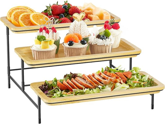 Lifewit 3 Tier Bamboo Serving Tray for Party Supplies, 30 x 17 cm/12" x 6.5" Platters for Serving Food, Reusable Trays with Black Metal Display Stand for Veggie, Fruit, Cookies, Dessert
