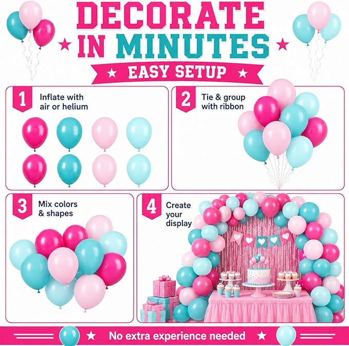 Teal and Pink Balloons, 60PCS Teal Pink Balloon Set, 12 Inch Blue Rose Red White Latex Metallic Confetti Balloons for Baby Shower Birthday Wedding Bridal Shower Hawaii Summer Party Decor