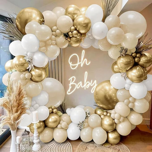 Sand White Gold Balloon Arch Kit, White Beige Chrome Gold Balloons Cream Balloons Metallic Gold Balloon for Boho Neutral Wedding Bridal Shower Birthday New Year Decorations.