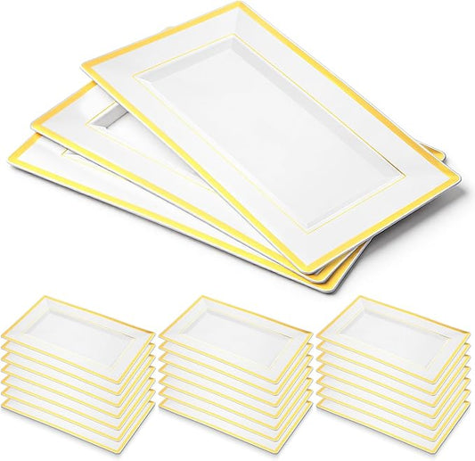 SHENLIU 24 Pcs White Plastic Serving Trays with Gold Rim, Elegant Rectangle Plastic Serving Platter Disposable 13''L×7.8''W Party Trays and Platters for Food Fruit Dessert Cookies Appetizers