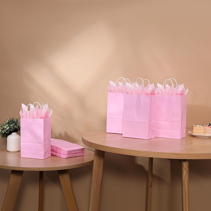 SUNCOLOR 24-Pack Pink Gift Bags with Handles, Small Kraft Paper Goodie Bags, Includes Tissue Paper for Baby Showers, Birthdays, Bridal Showers, 7.9x5.12x3.15 Inches