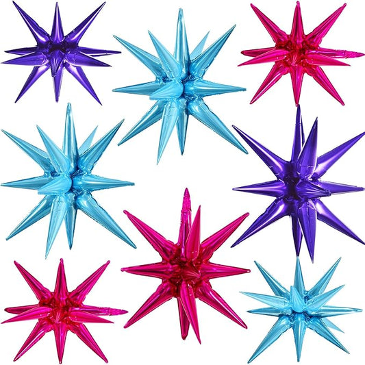 TONIFUL 8 Pcs Blue Purple Hot Pink Foil Balloons Large Star Balloons Explosion Star Mylar Balloons for Party Backdrop Christmas New Year Birthday Wedding Baby Shower Anniversary Photo Booth Supplies