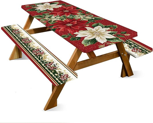ANNA QUEEN 6FT Christmas Picnic Table Cover Set 3PCS 72"x30", Waterproof Outdoor Bench and Tablecloth Furniture Protection for Camping Beach BBQ Patio Backyard