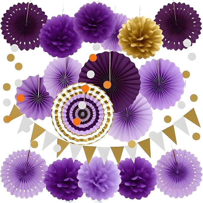 XIKSXITN 12 pc Purple Gold Paper Pom Poms - Hanging Paper Flowers for Party Decoration (10&12 inch)