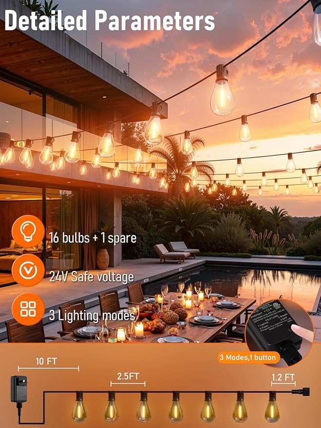 luckystyle 50FT LED Outdoor String Lights with Remote,16+1 Shatterproof Bulbs Waterproof and Dimmable Patio Lights for Porch, Garden, Backyard, Deck, Balcony, 2200K, Hanging Lighting