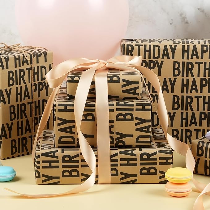 MAMUNU Birthday Wrapping Paper Roll, Black Kraft Happy Birthday Wrapping Paper Jumbo Roll, Brown and Black Kraft Gift Wrap Set for Boys Men Women Girls, 17x590 inch (70 sq. ft.)