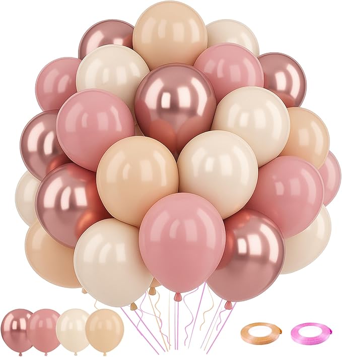 Patimate Retro Blush Pink Balloons Set, 50 pcs 12 inch Metallic Rose Gold Dusty Pink Pastel Orange Nude Latex Balloons Kit for Birthday Bridal Shower Bachelorette Boho Baby Shower Party Decorations