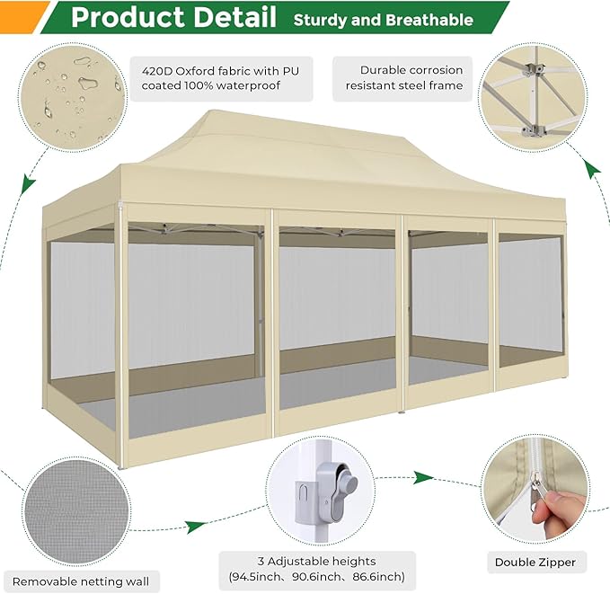 COBIZI 10x20 Heavy Duty Pop Up Canopy Tent with 6 Sidewalls, Easy Set Up Outdoor Waterproof Screen Commercial Party Tent with Mosquito Netting for Parties Backyard Patio, Roller Bag, Khaki
