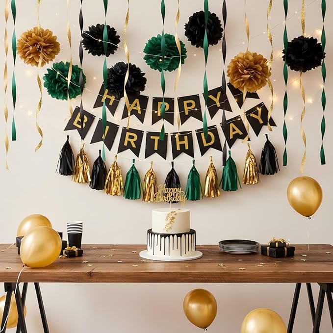 CC wonderland zone Black Gold and Dark Green Decorations,6 Rolls Crepe Paper Streamers for Birthday Decorations,82 feet Long 1.77 inch wid
