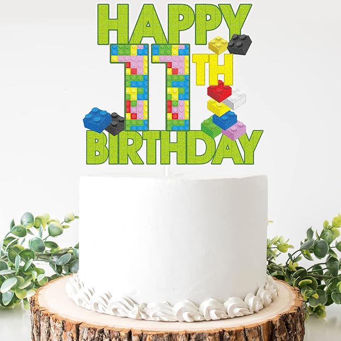 Happy 11th Birthday Building Block Cake Topper - Puzzle Games Boy's 11th Birthday Party Green Cake Topper Supplies - Building Block Party Decoration For Boy