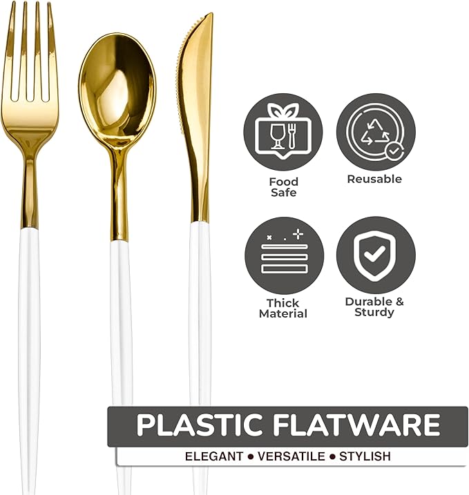 Trendables 360 Pack Disposable Silverware Set - Cutlery Dinnerware - Includes 120 Forks - Spoons - Plastic Knives - White & Gold Plastic Silverware Utensils Party Set