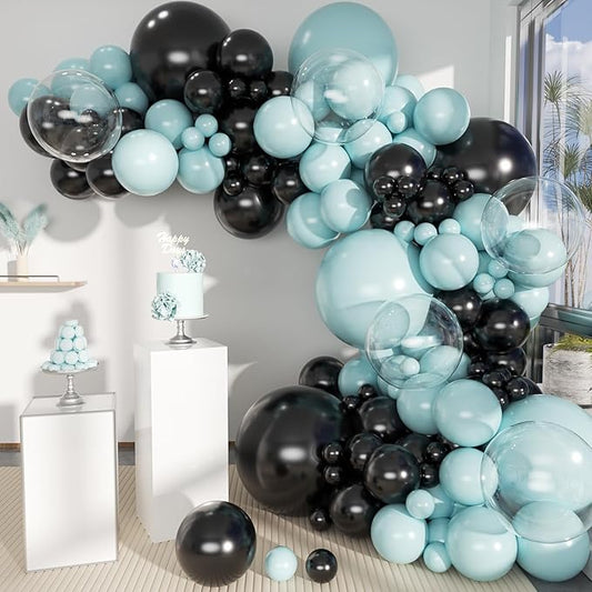 Macaron Blue and Black Balloons Arch Kit & Garland, 151Pcs Light Blue Black Bobo Different Size 18 12 10 5 inch for Boss Baby, Graduation, Birthday, Gaming Party Decorations