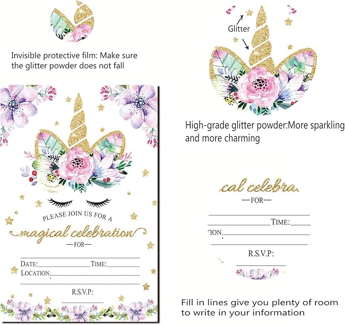 Magical Unicorn Birthday Invitations, Glitter Unicorn Invitations with Envelopes for Kids Birthday (24 Pack)